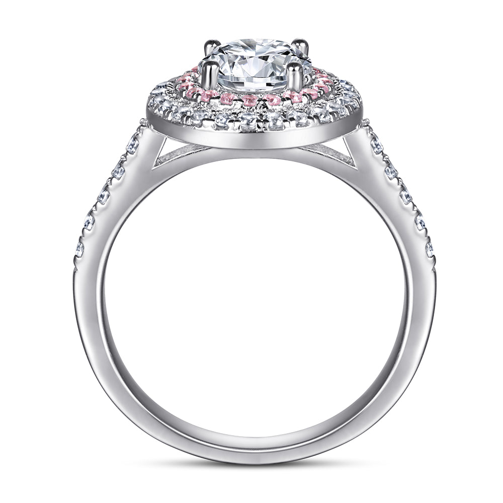 Silver Ring with Round CZ Diamond surrounded by Pink & White Stones