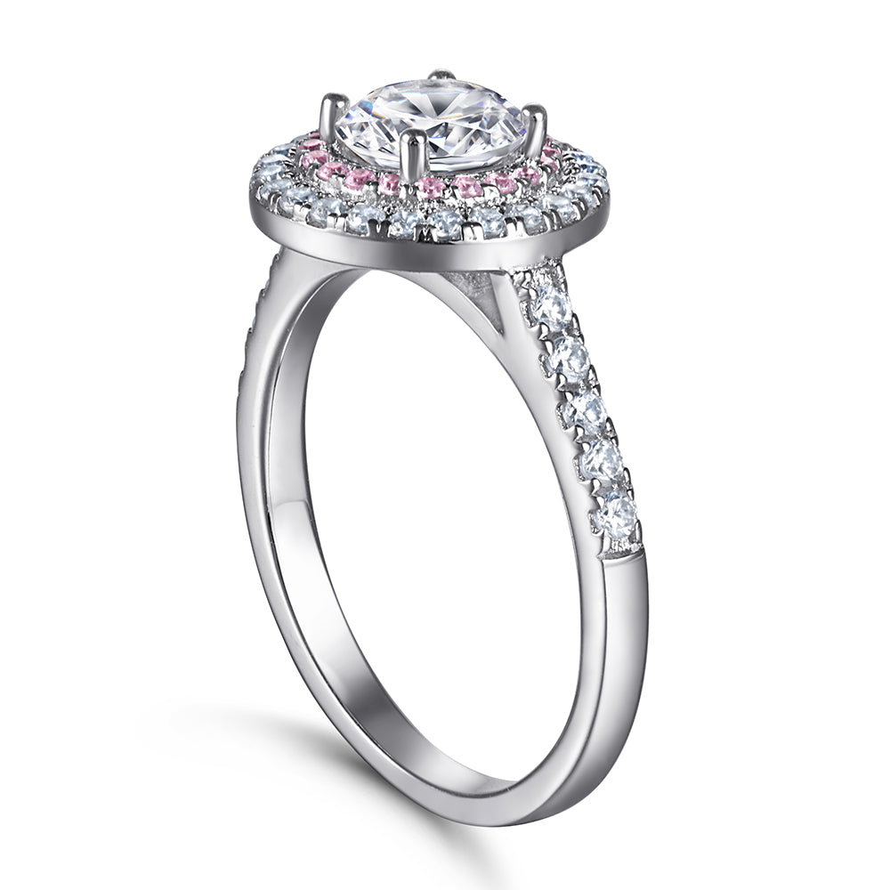 Silver Ring with Round CZ Diamond surrounded by Pink & White Stones