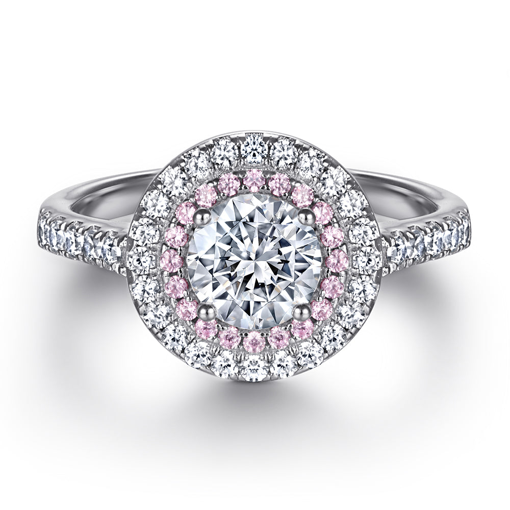 Silver Ring with Round CZ Diamond surrounded by Pink & White Stones