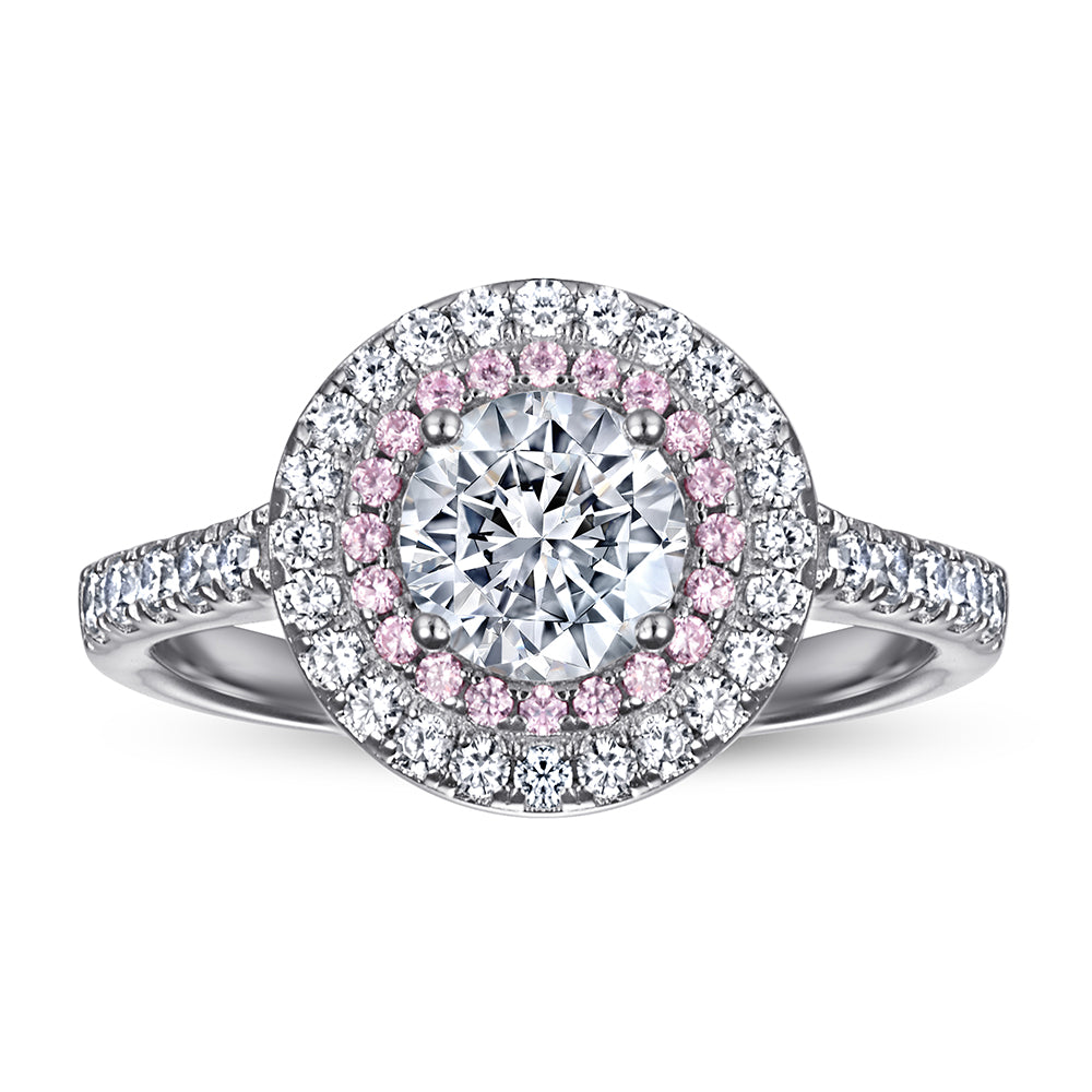 Silver Ring with Round CZ Diamond surrounded by Pink & White Stones