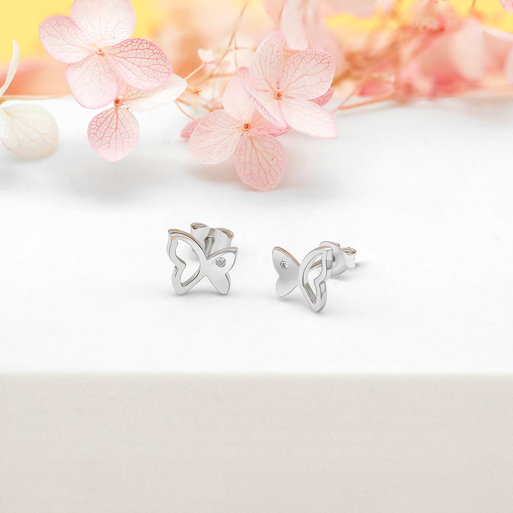 Butterfly Shaped Silver Studs with a CZ Stone inside
