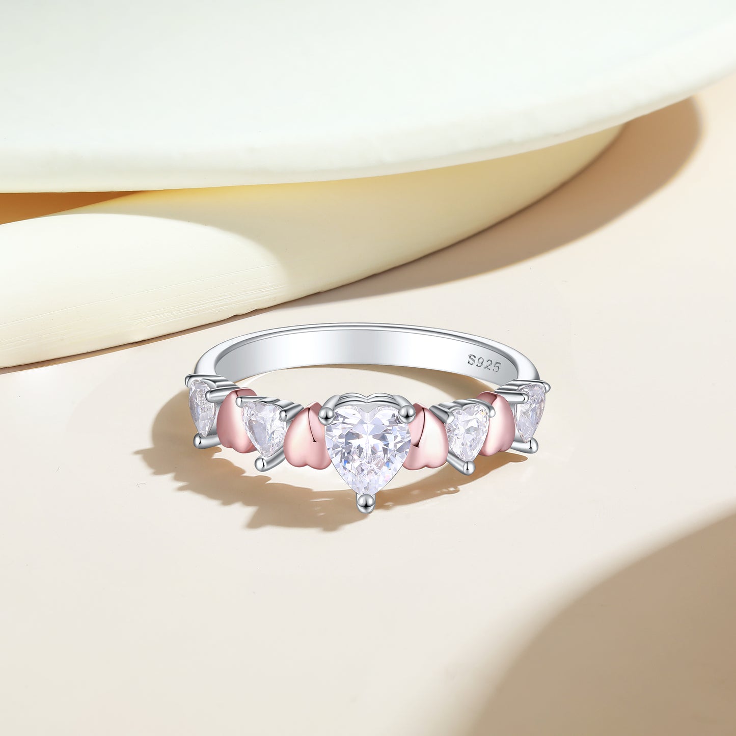 Silver Ring with Heart Shaped CZ Diamonds and Pink Hearts