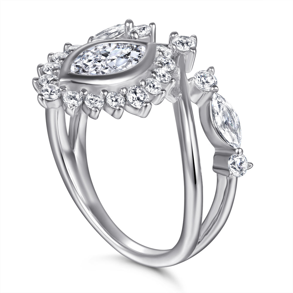 Crown Shaped Silver Ring with Leaf Shaped CZ Diamonds