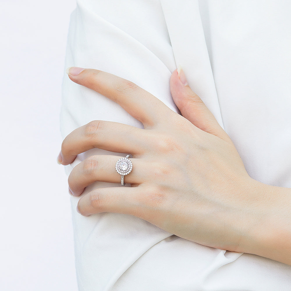 Silver Ring with Round CZ Diamond surrounded by Pink & White Stones