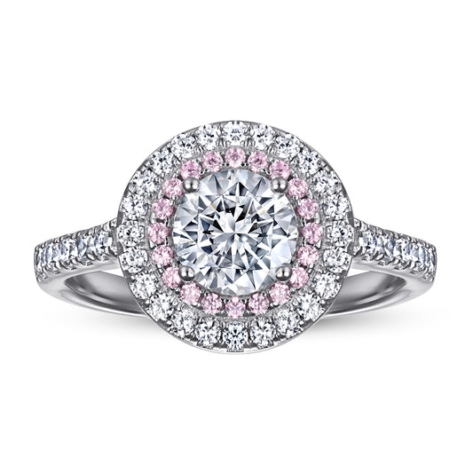 Silver Ring with Round CZ Diamond surrounded by Pink & White Stones