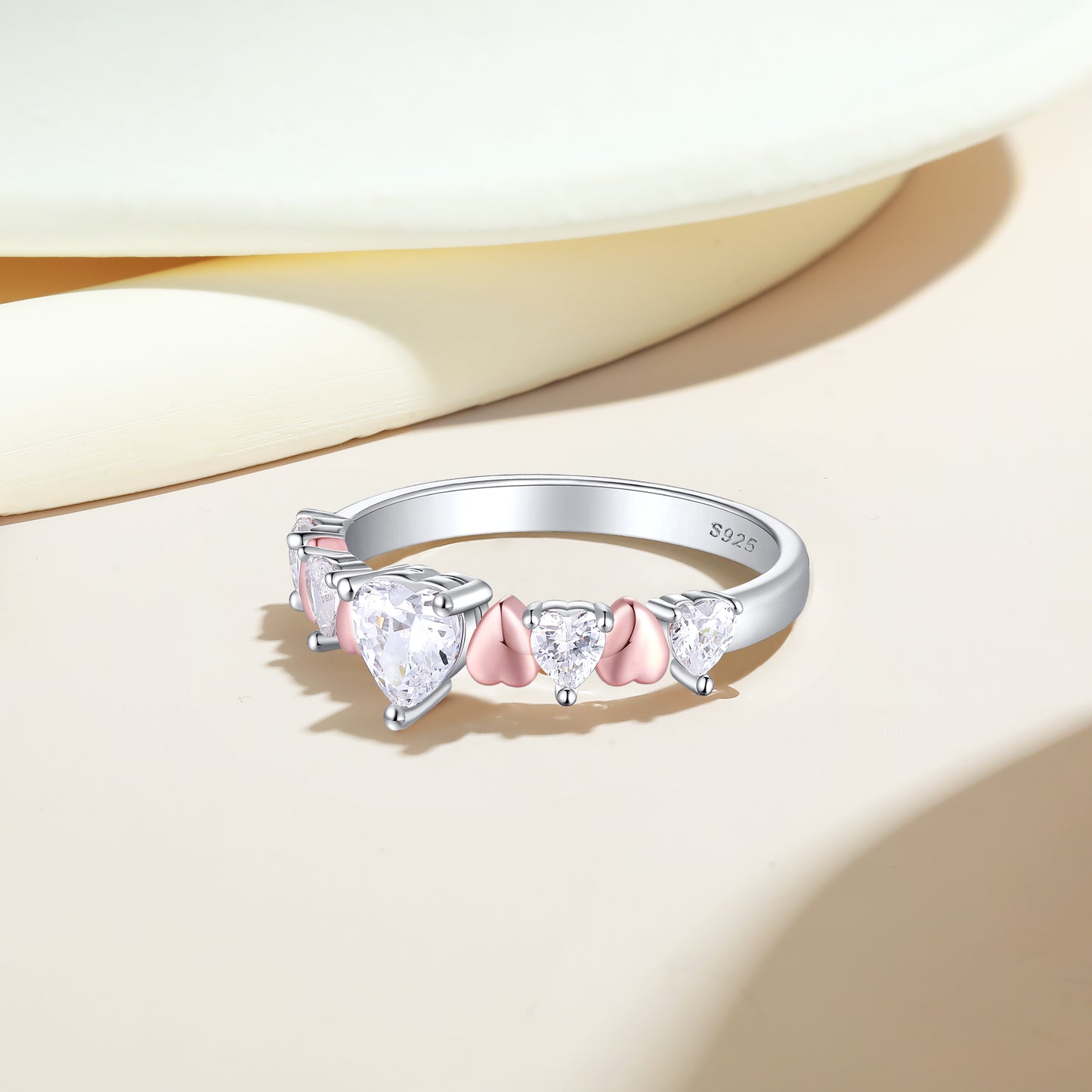 Silver Ring with Heart Shaped CZ Diamonds and Pink Hearts