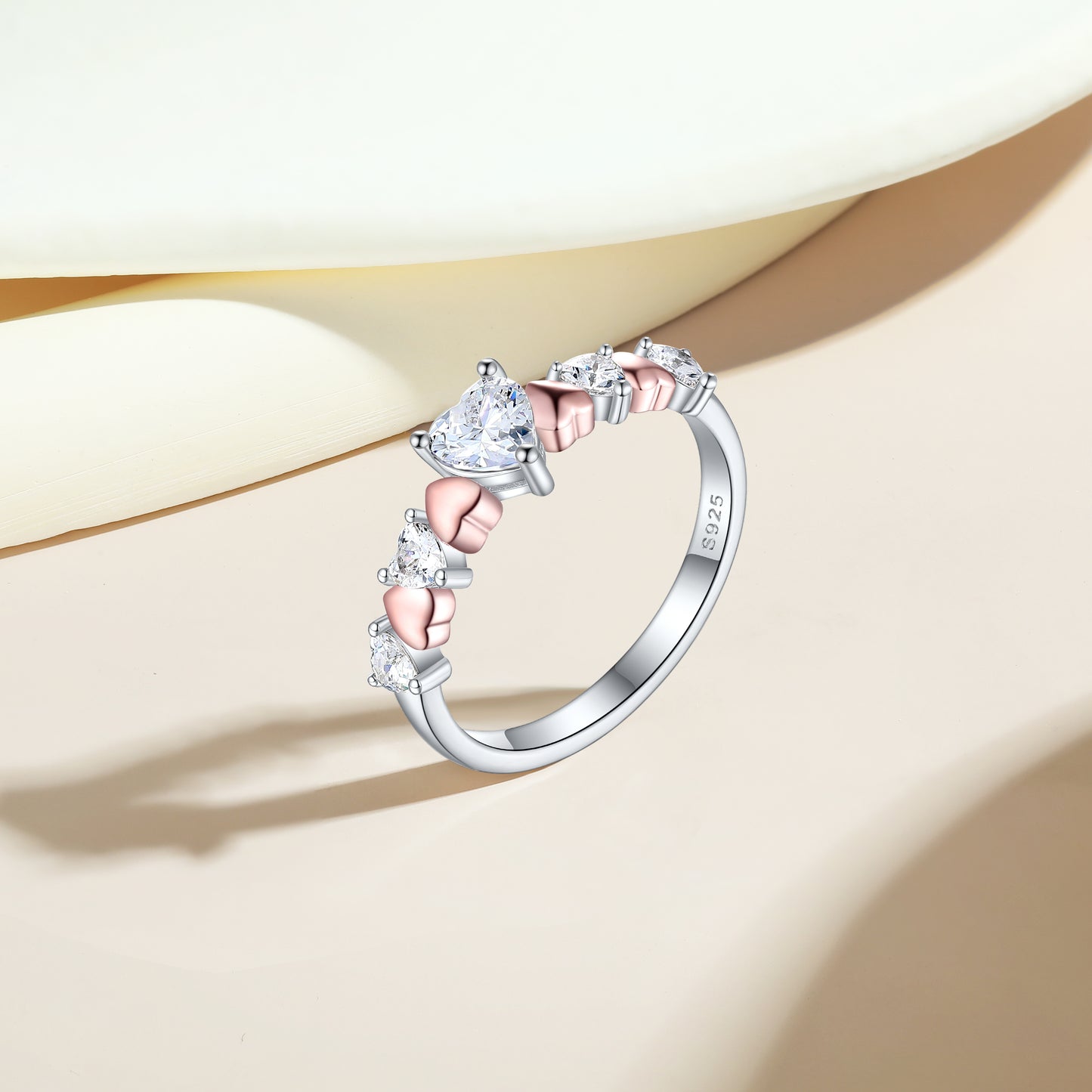 Silver Ring with Heart Shaped CZ Diamonds and Pink Hearts
