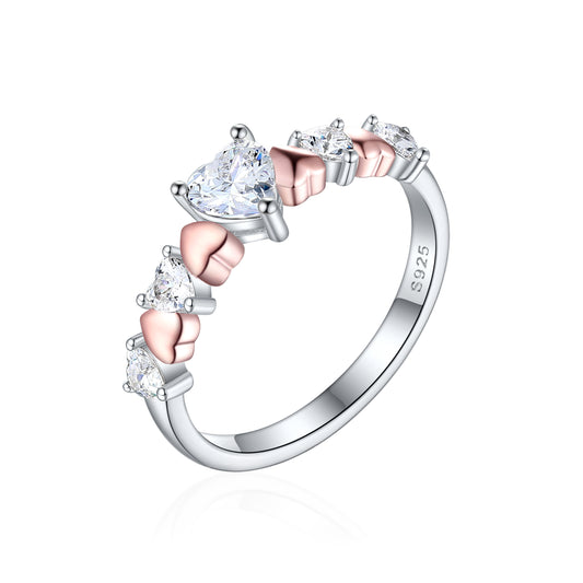 Silver Ring with Heart Shaped CZ Diamonds and Pink Hearts