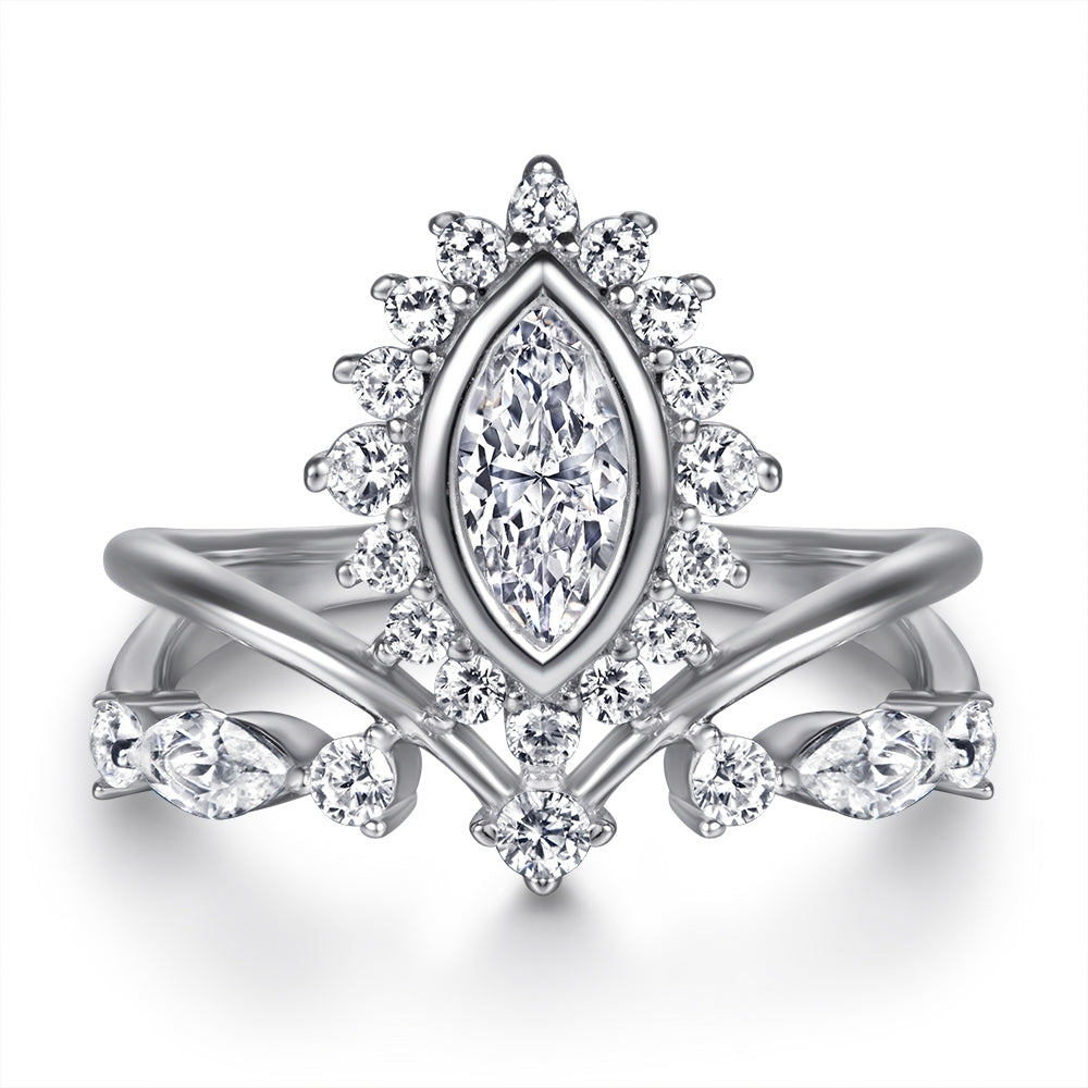 Crown Shaped Silver Ring with Leaf Shaped CZ Diamonds