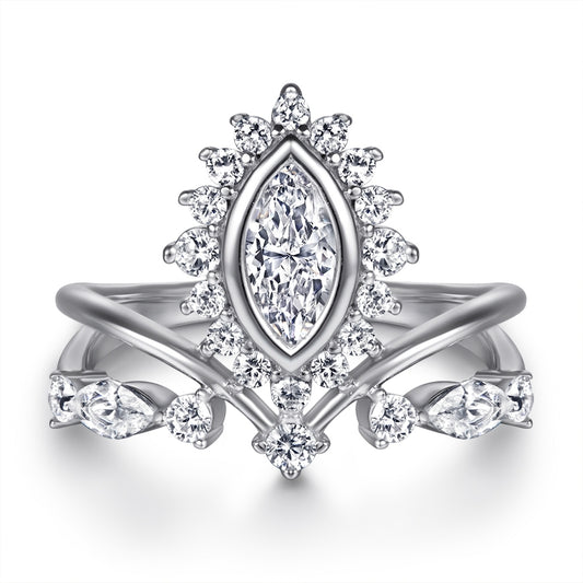 Crown Shaped Silver Ring with Leaf Shaped CZ Diamonds