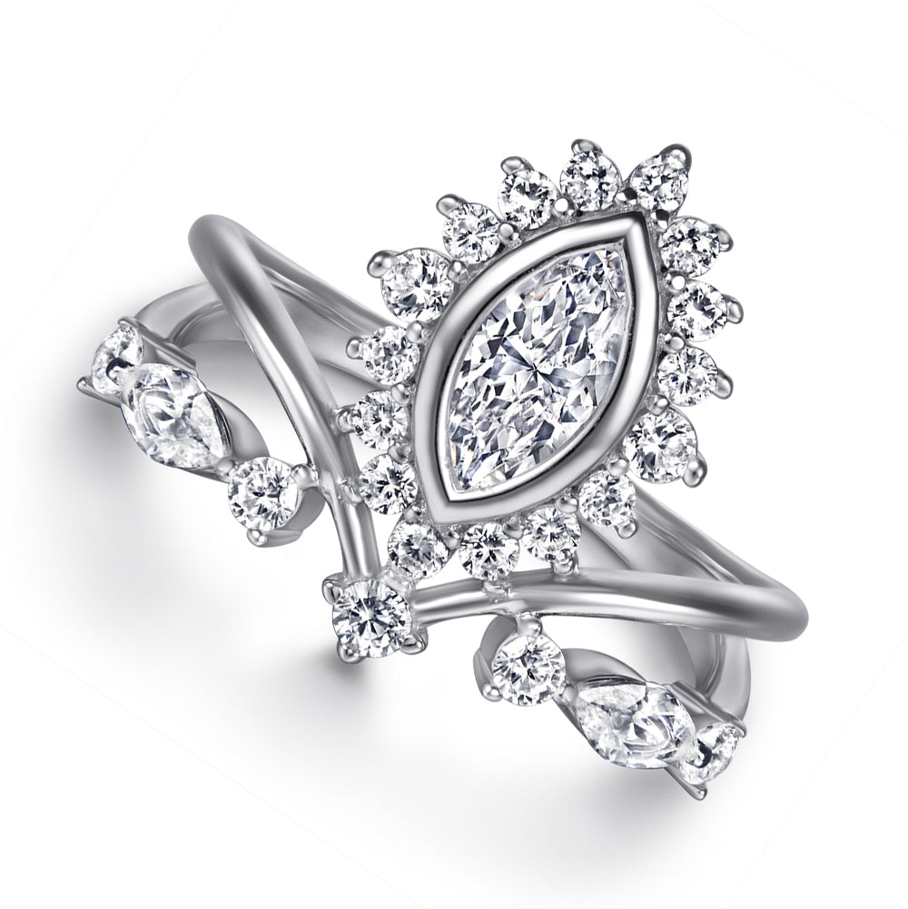 Crown Shaped Silver Ring with Leaf Shaped CZ Diamonds