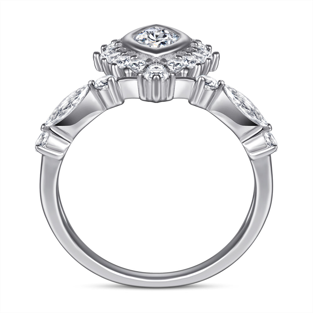 Crown Shaped Silver Ring with Leaf Shaped CZ Diamonds