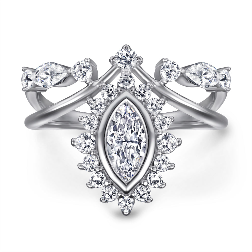 Crown Shaped Silver Ring with Leaf Shaped CZ Diamonds