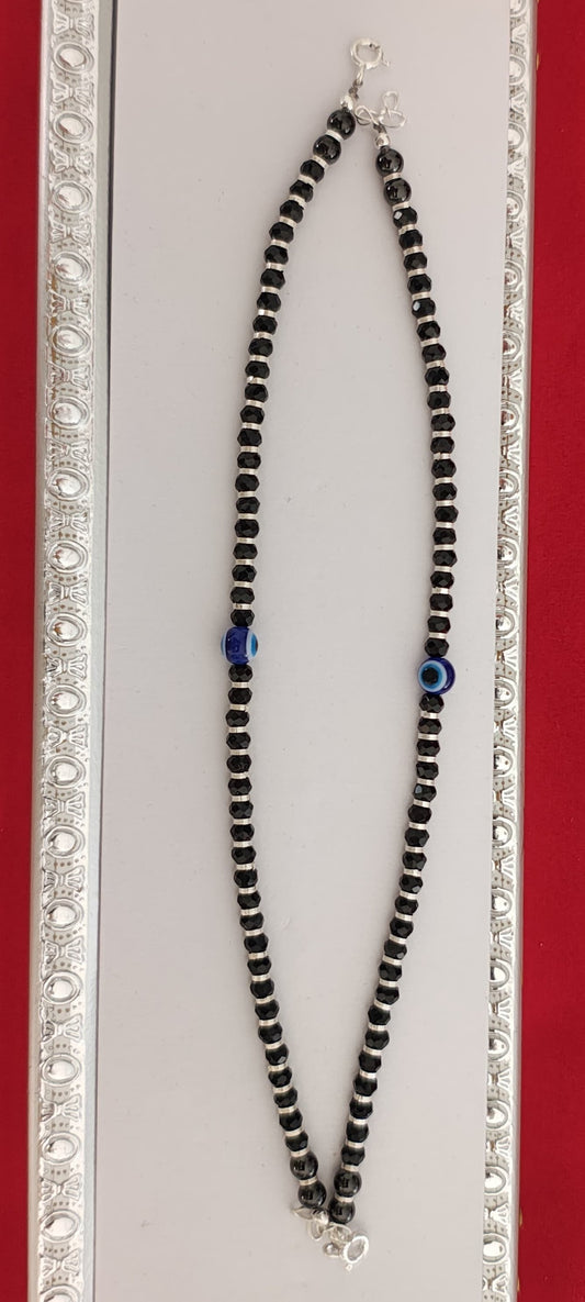 Evil Eye and Black Bead Style Silver Anklets for Kids