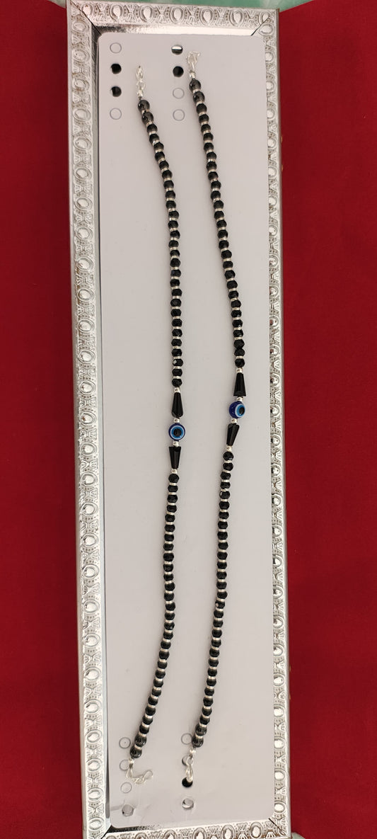 Evil Eye and Black Bead Style Silver Anklets for Adults