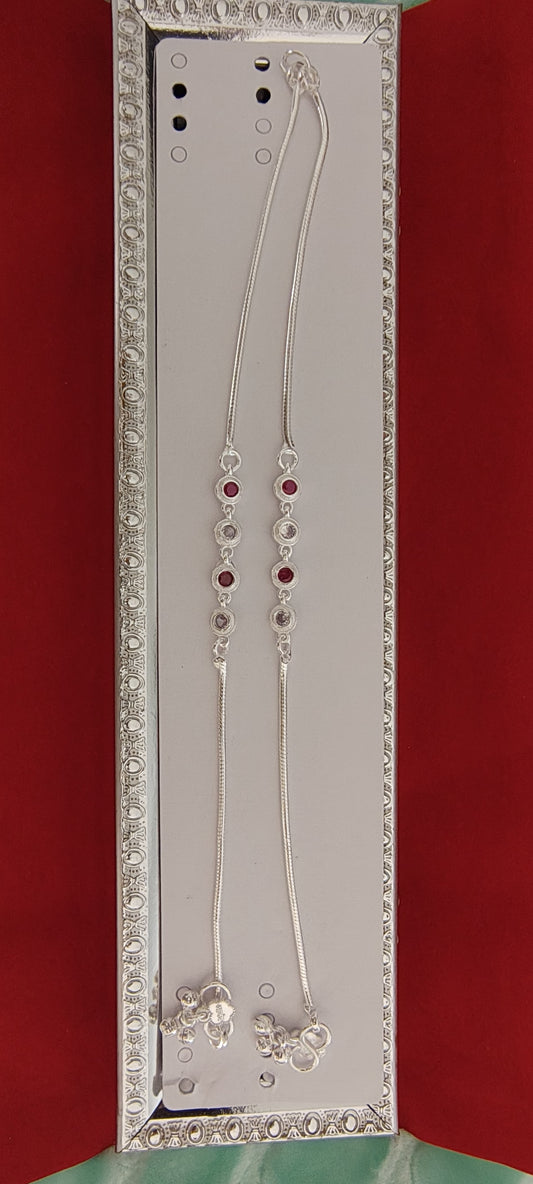 Simple & Sleek Silver Anklets with White and Pink Stones