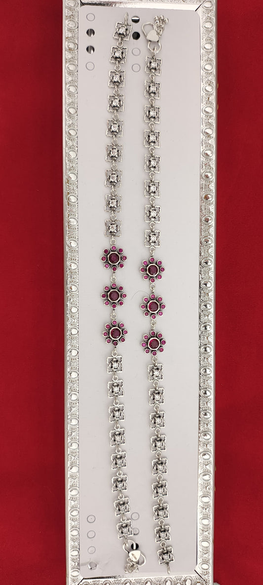 Antique Silver Anklets with Red Flowers