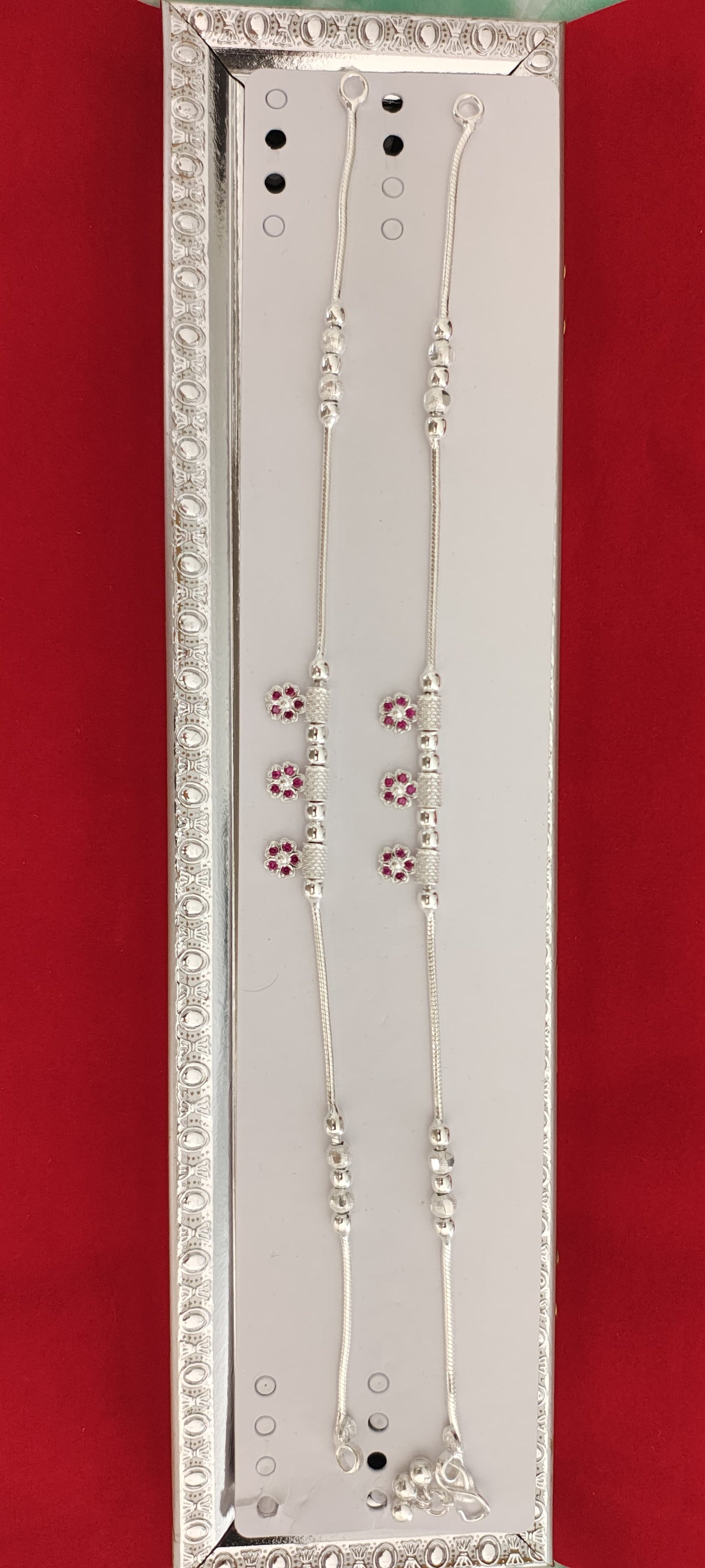 Plain and Trendy Silver Anklets with Pink Flowers