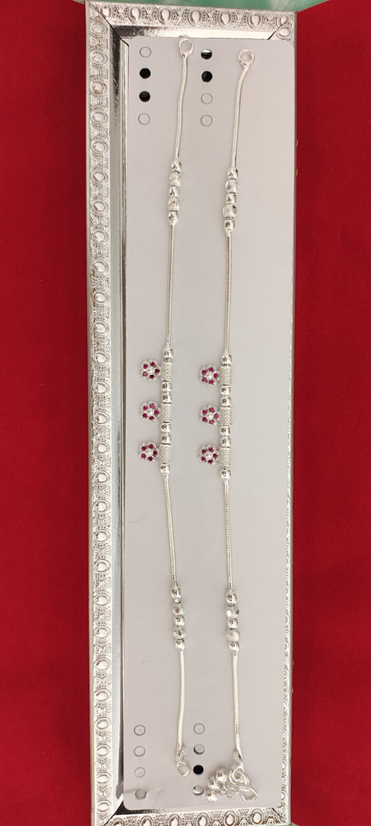 Plain and Trendy Silver Anklets with Pink Flowers