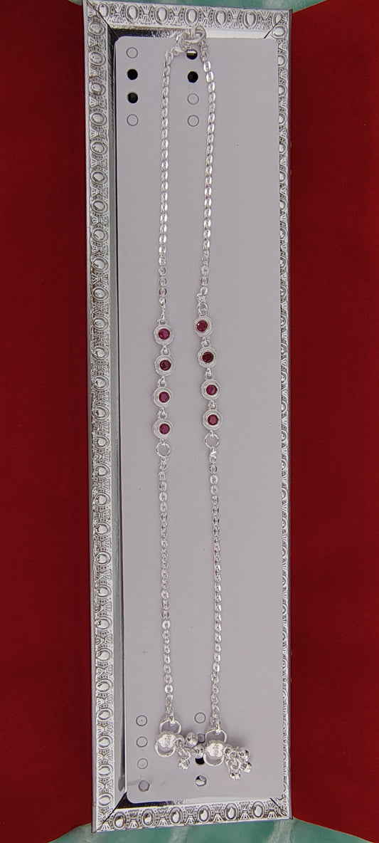 Modern Silver Anklets with Red Stones