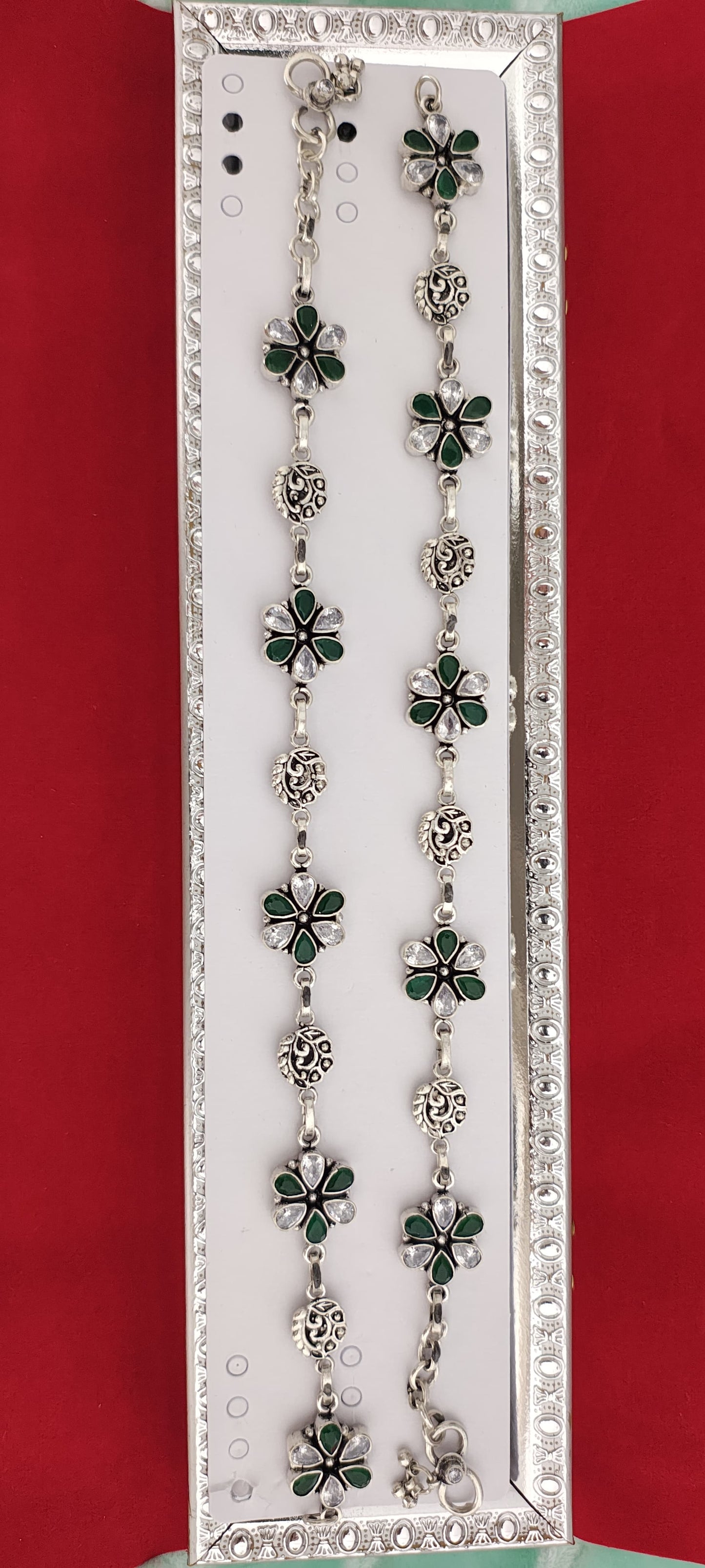 Antique Silver Anklets with Red and Green Flowers