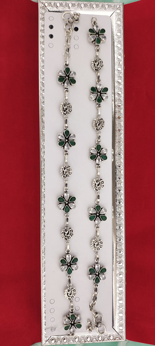 Antique Silver Anklets with Red and Green Flowers