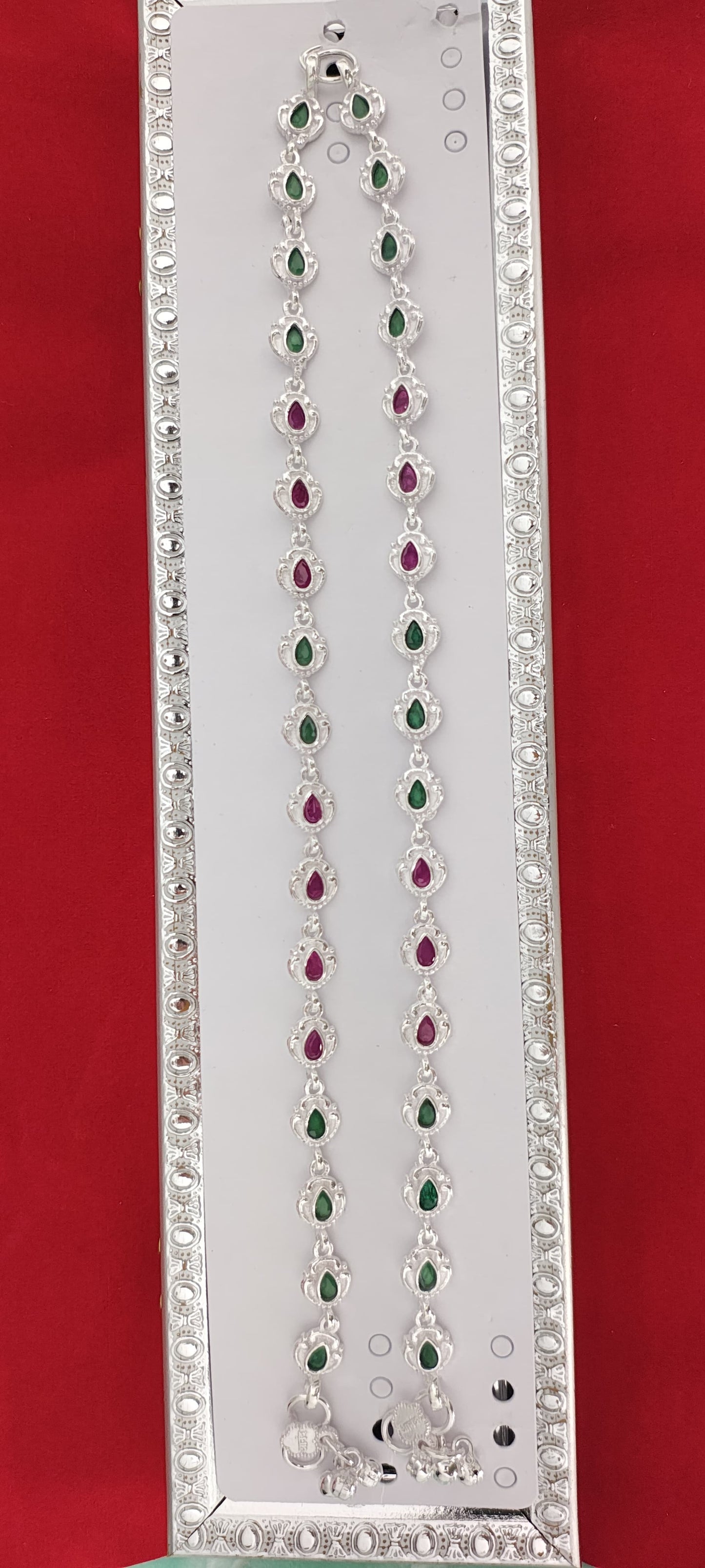 Silver Anklets with Green and Red Stones