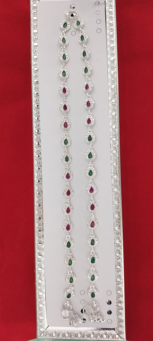Silver Anklets with Green and Red Stones