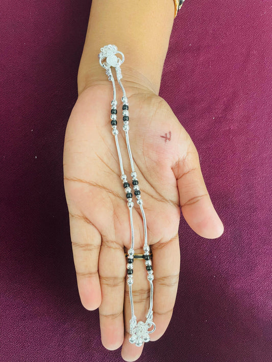 Black Bead Style Silver Anklets for Kids